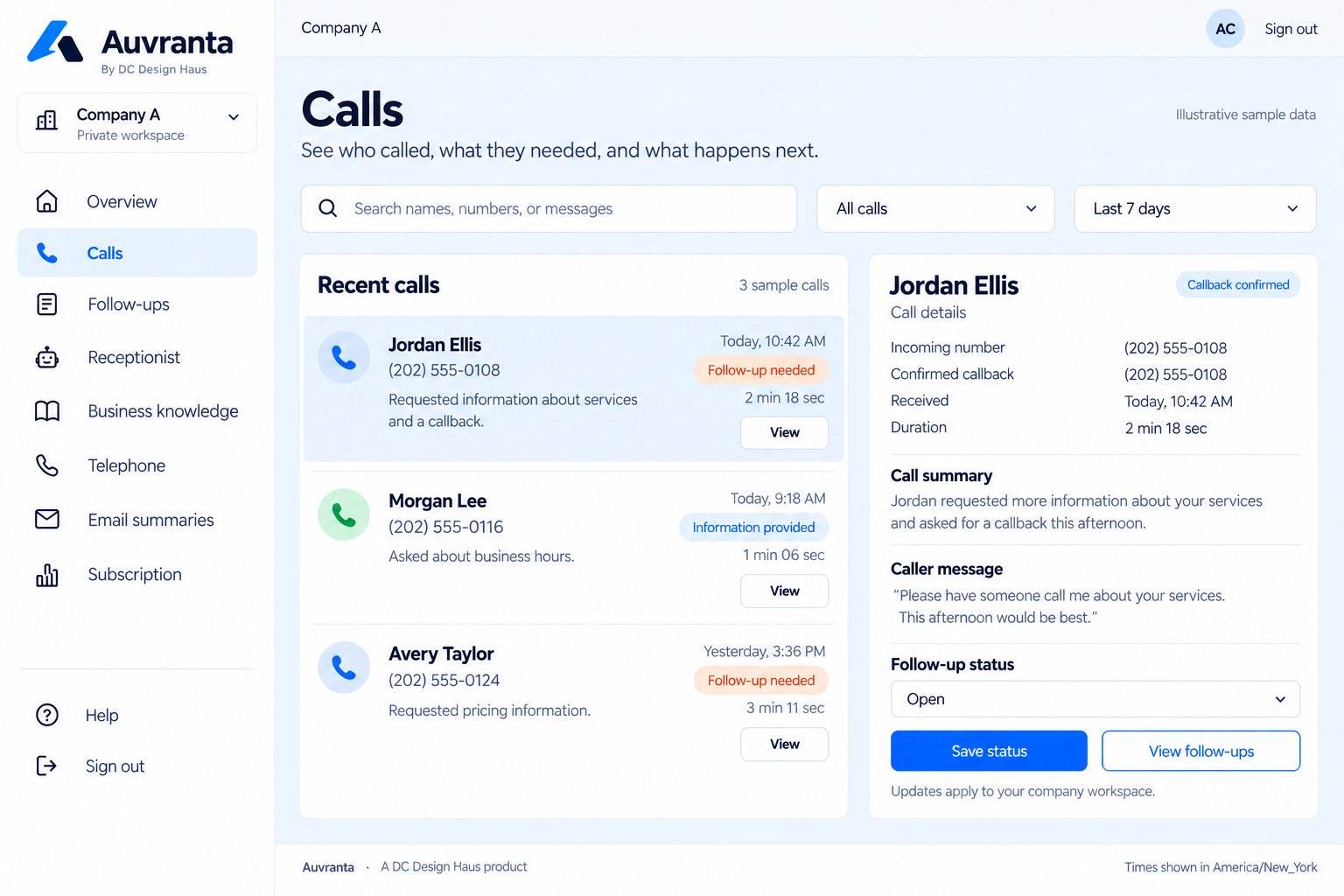 Illustrative Auvranta customer dashboard: navigation, calls and selected-call details. Fictional callers Jordan Ellis and Morgan Lee; callback details, call summary and follow-up status.